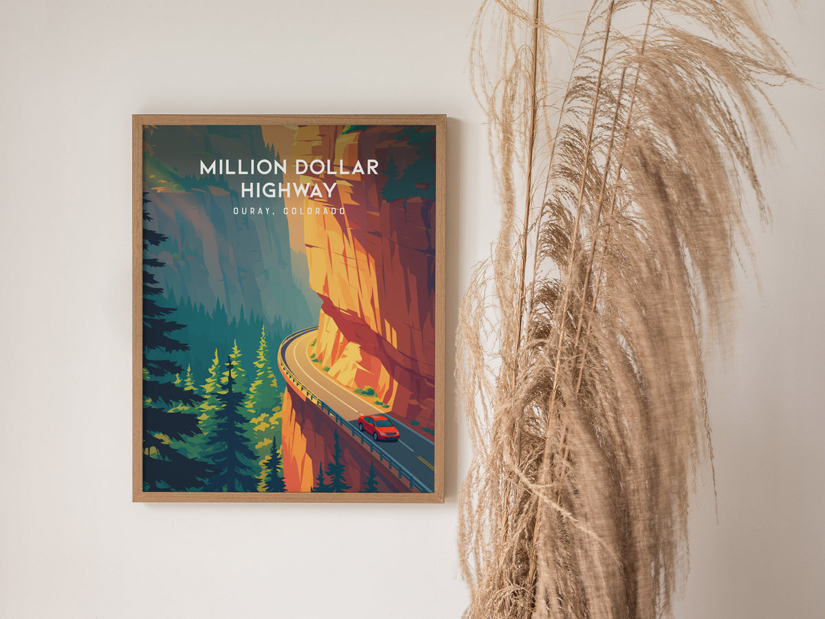 Million Dollar Highway, Ouray, Colorado Poster | Alpine Mountain Pass Travel Wall Art — styled in a modern interior