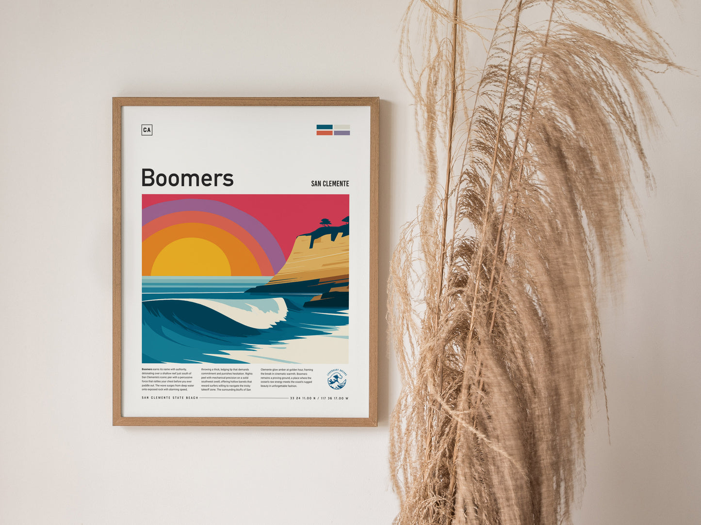 Boomers, California Poster | Golden Surf Break Barrel Wave Wall Art — styled in a modern interior