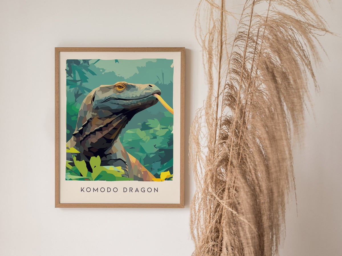 Komodo Dragon Poster | Ancient Reptile Wildlife Wall Art — styled in a modern interior