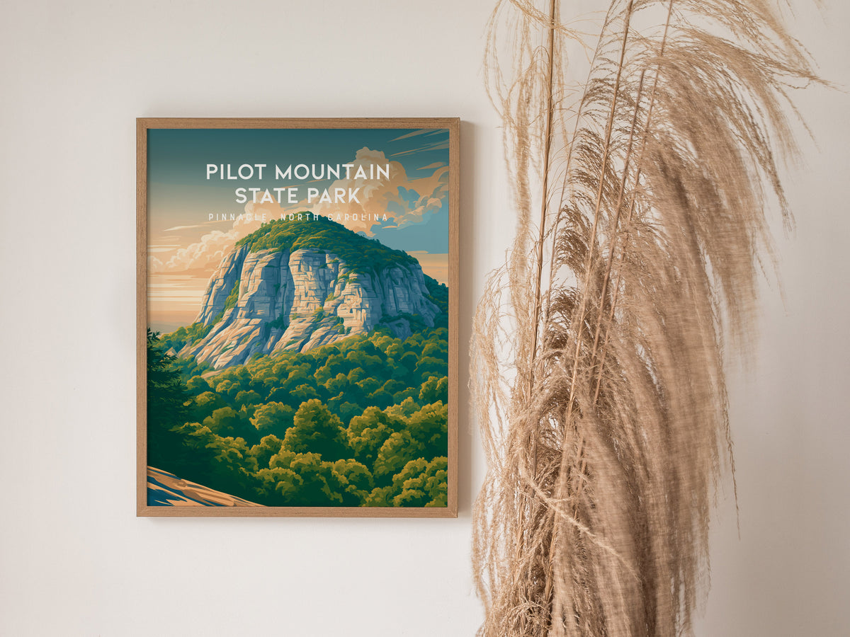 Pilot Mountain State Park, Pinnacle, North Carolina Poster | Rugged Peak & Forest Travel Wall Art — styled in a modern interi