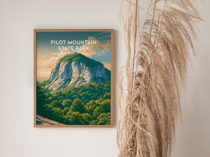 Pilot Mountain State Park, Pinnacle, North Carolina Poster | Rugged Peak & Forest Travel Wall Art — styled in a modern interi