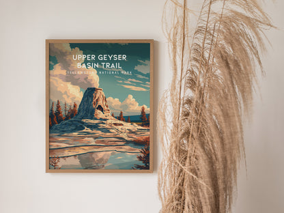 Upper Geyser Basin Trail, Yellowstone National Park Poster | Geothermal Wonders Travel Wall Art — styled in a modern interior
