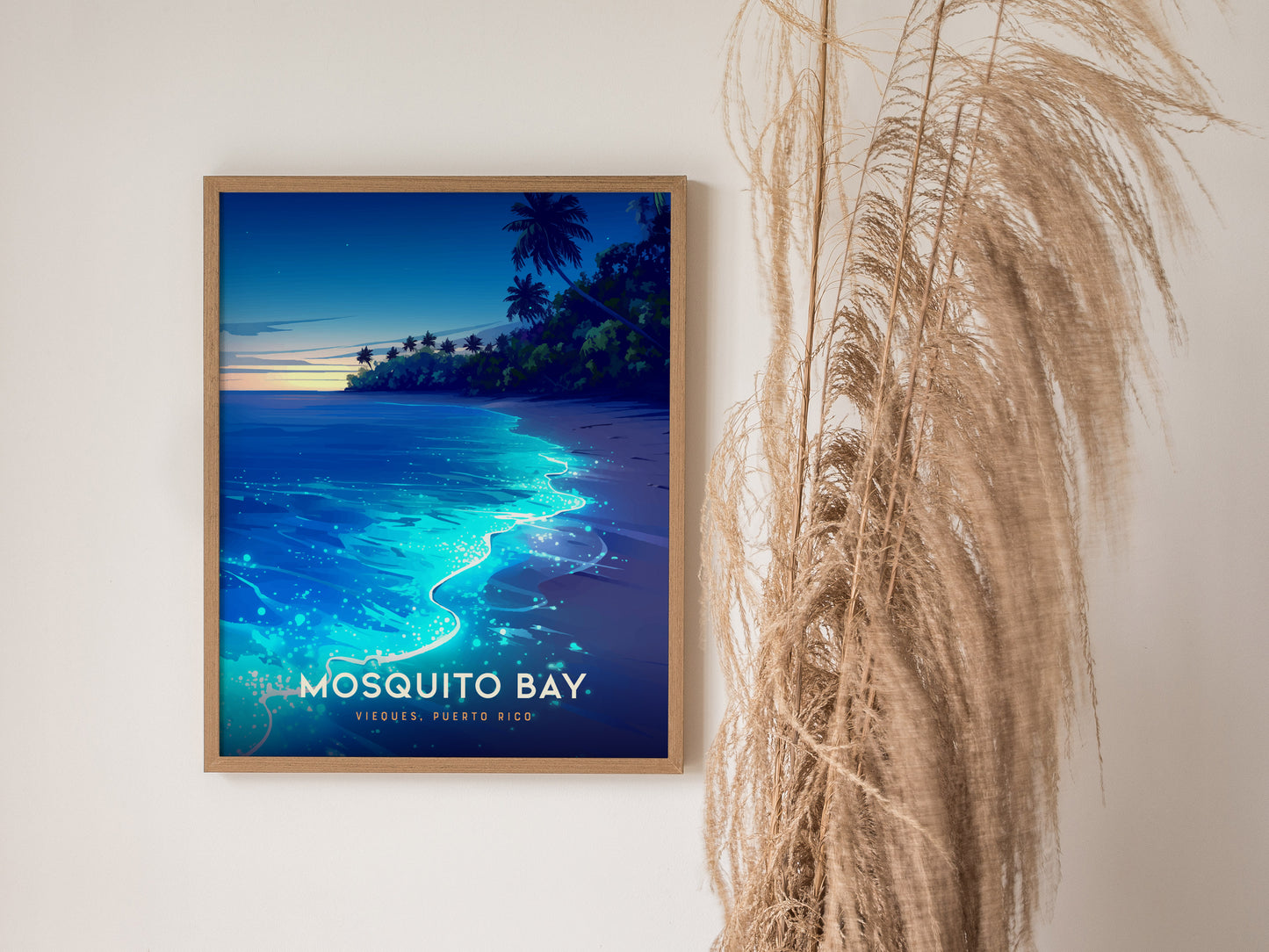 Framed poster of Mosquito Bay in Vieques, showcasing glowing blue bioluminescent waves and silhouetted palm trees at dusk.