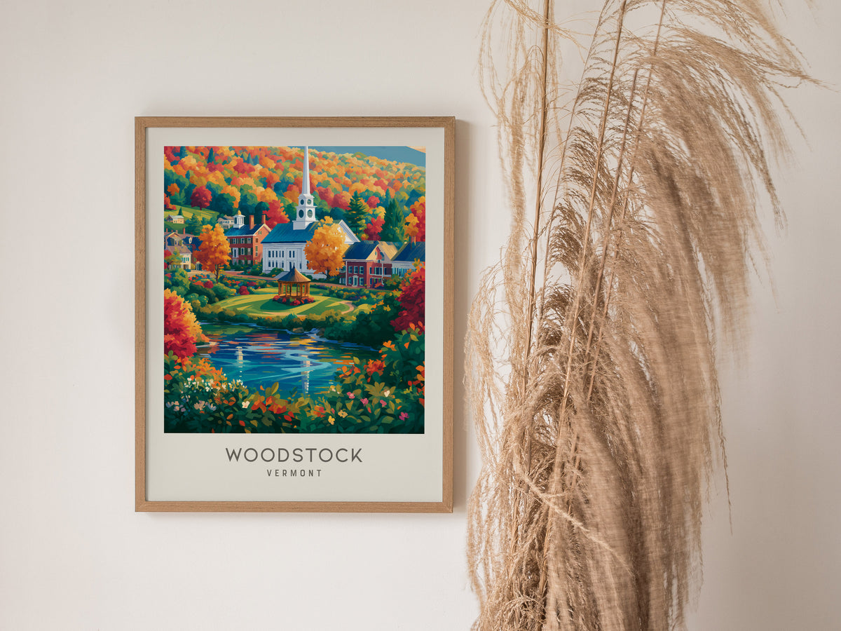 Woodstock Matte Border Poster | Vermont Travel Gift Framed or Unframed — styled in a modern interior