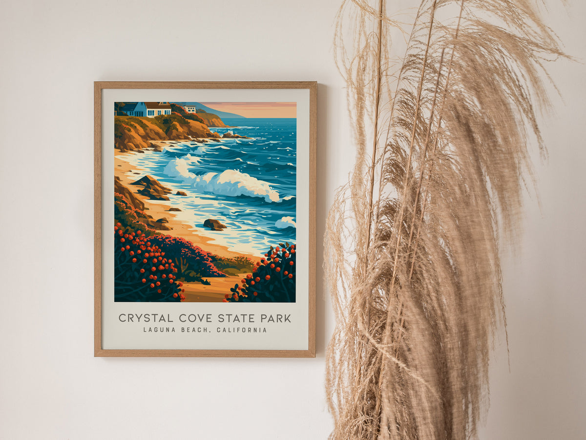 Crystal Cove State Park Matte Border Poster | Laguna Beach, California Travel Wall Art — styled in a modern interior