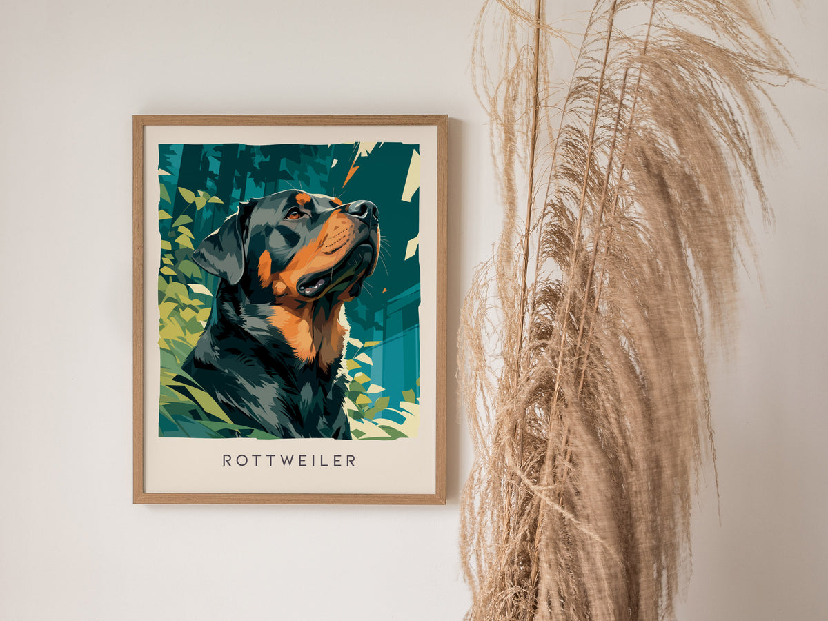 Rottweiler Poster | Loyal Guardian Wildlife Wall Art — styled in a modern interior