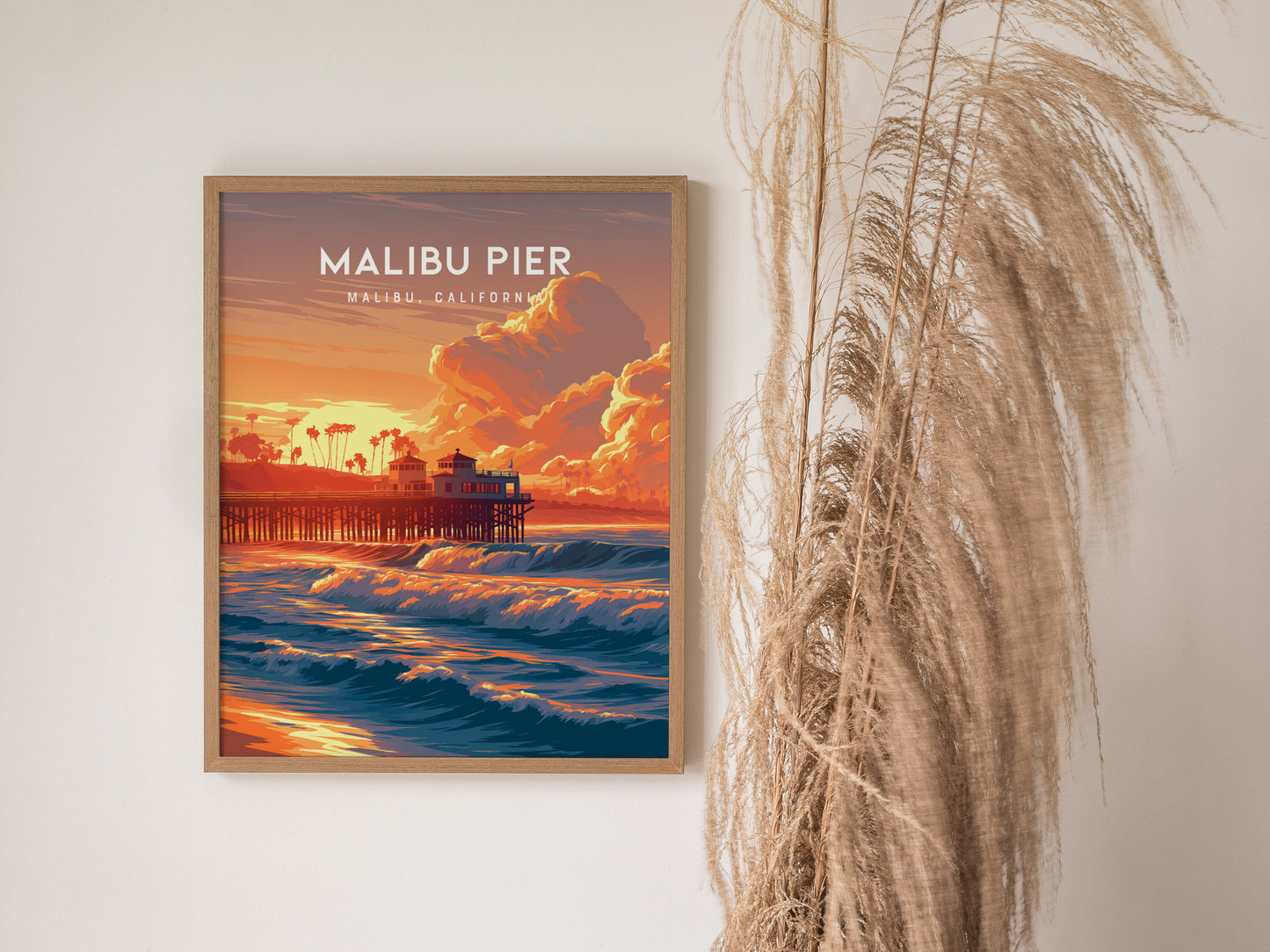 Malibu Pier, California Poster | Golden Coast Sunset Vibes Wall Art — styled in a modern interior