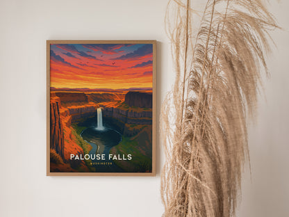Framed vintage travel art poster showcasing Palouse Falls in Washington at sunset, with vibrant oranges and blues contrasting the canyon.