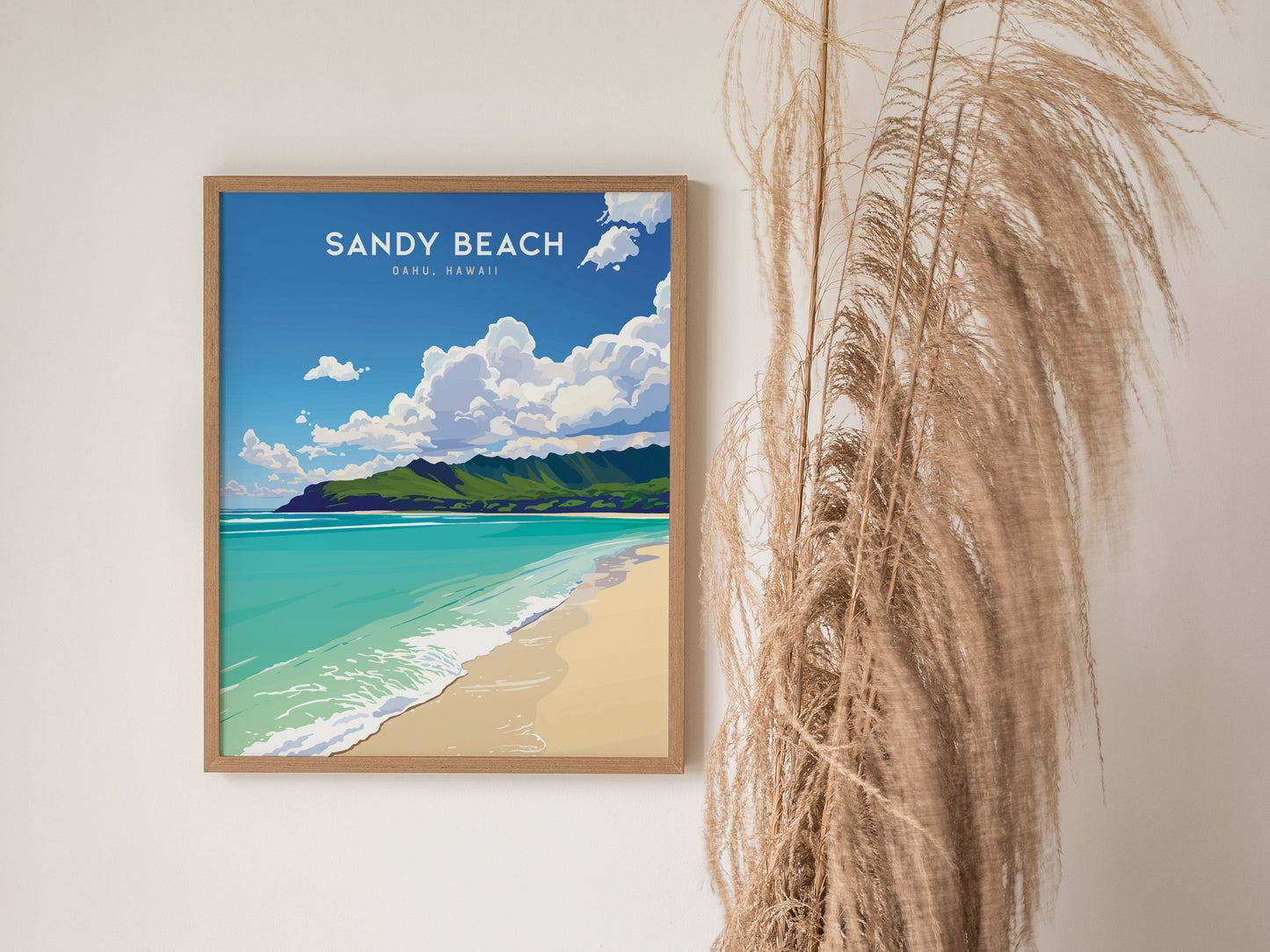 Sandy Beach Oahu Poster | Hawaii Tropical Beach Art | South Shore Print