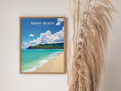 Sandy Beach Oahu Poster | Hawaii Tropical Beach Art | South Shore Print