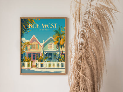A framed Key West poster features pastel-colored houses and palm trees against a turquoise sky. Its displayed beside tall, dried pampas grass on a white wall.