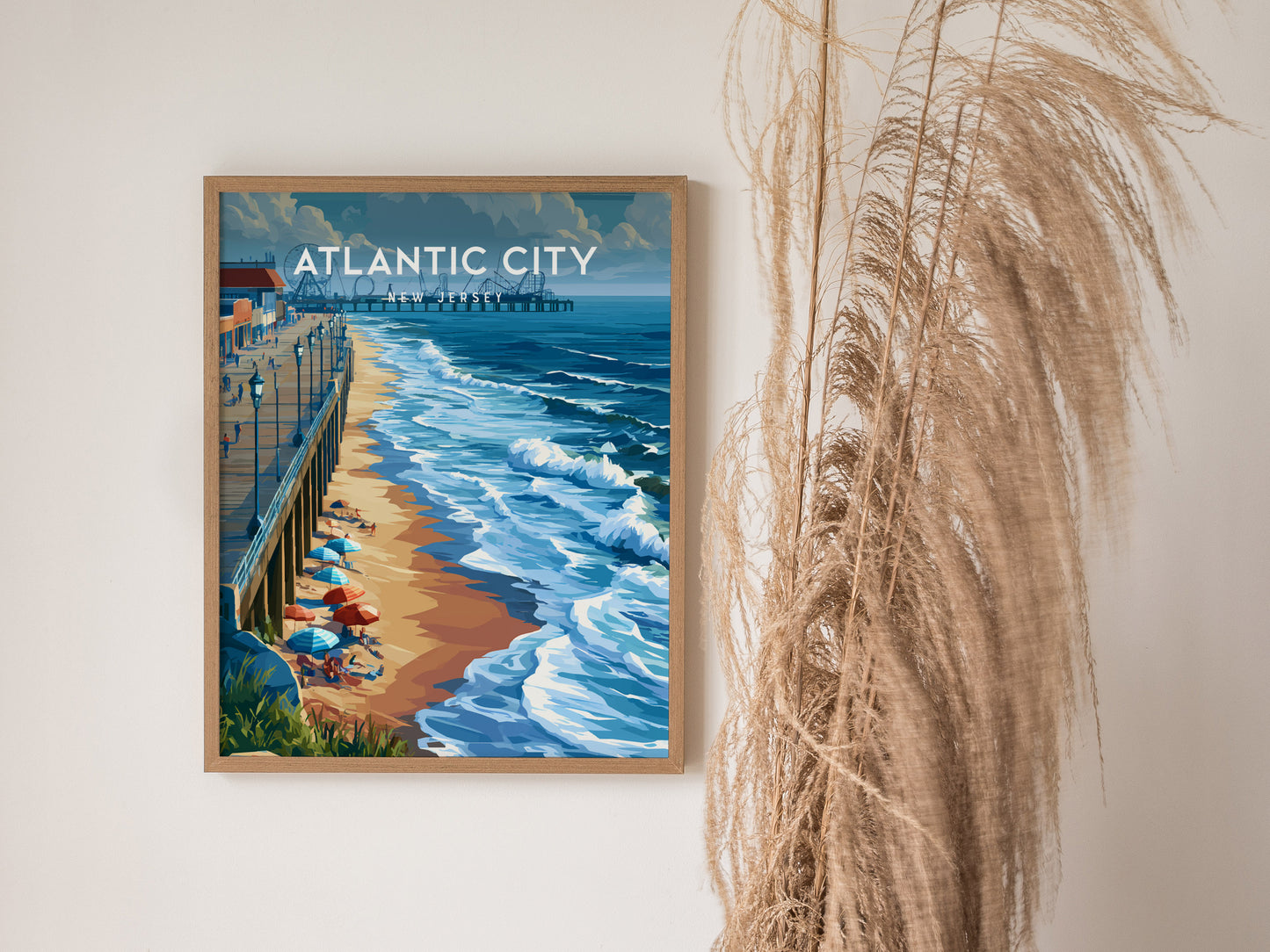 Atlantic City, New Jersey Poster | Boardwalk & Steel Pier Coastal Wall Art — styled in a modern interior