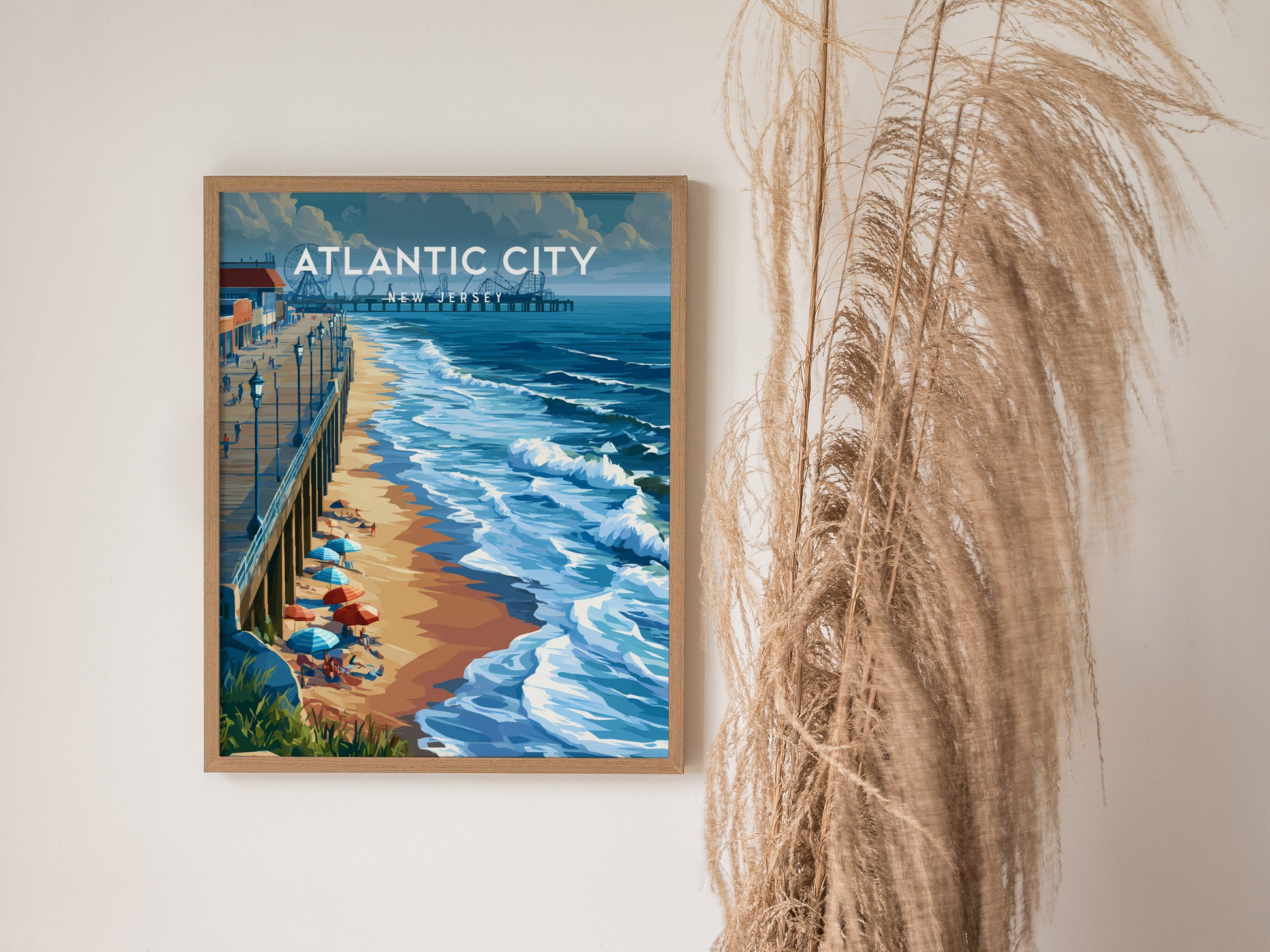 Atlantic City, New Jersey Poster | Boardwalk & Steel Pier Coastal Wall Art — styled in a modern interior