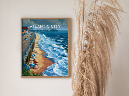 Atlantic City, New Jersey Poster | Boardwalk & Steel Pier Coastal Wall Art — styled in a modern interior