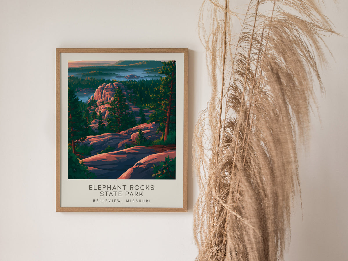 Elephant Rocks State Park Matte Border Poster | Belleview, Missouri Destination Print — styled in a modern interior
