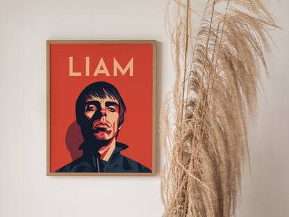 A framed poster with a stylized portrait on a red background, featuring the name LIAM above. Its displayed next to tall, dried pampas grass against a white wall.