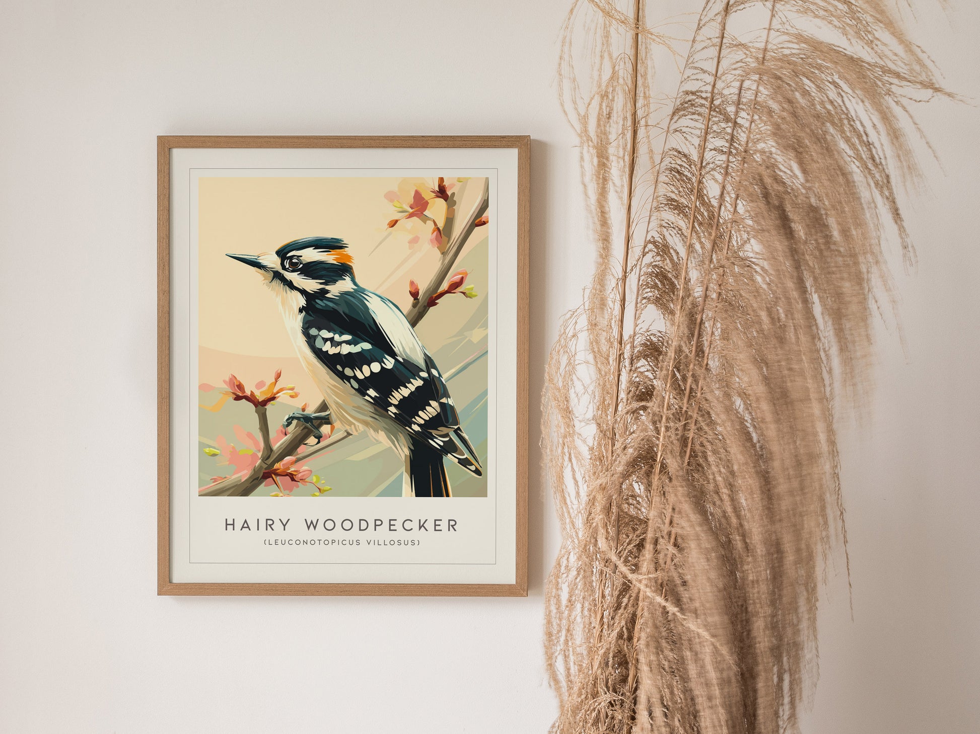 Hairy Woodpecker Poster | Bold Forest Bird Illustration Wall Art — styled in a modern interior