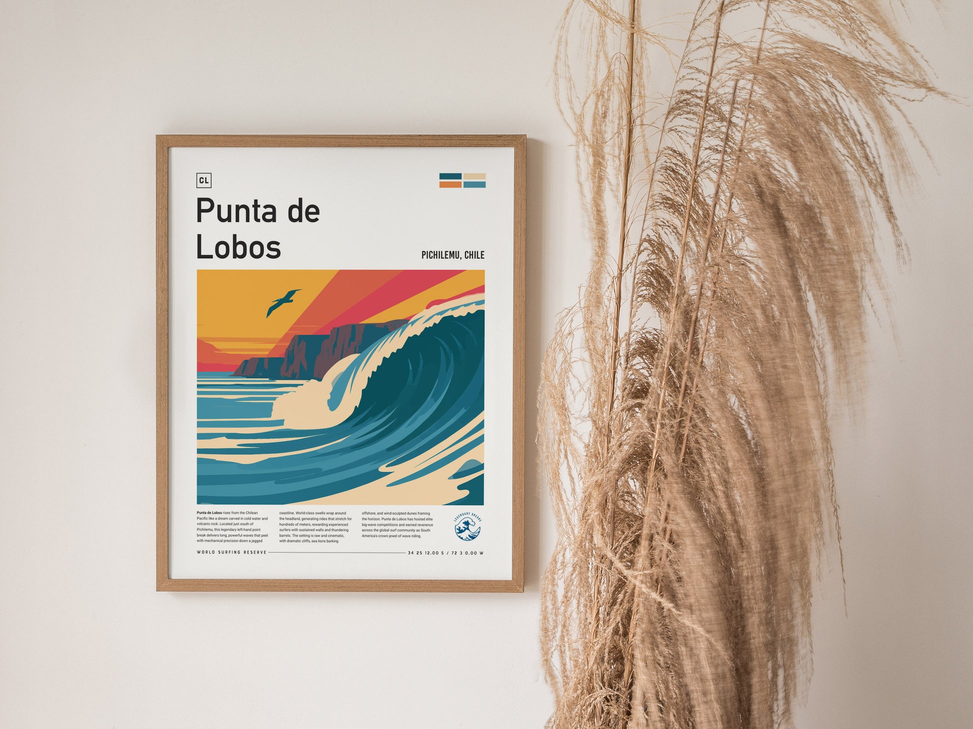 Punta de Lobos, Chile Poster | Dramatic Cliffs & Surf Wall Art — styled in a modern interior