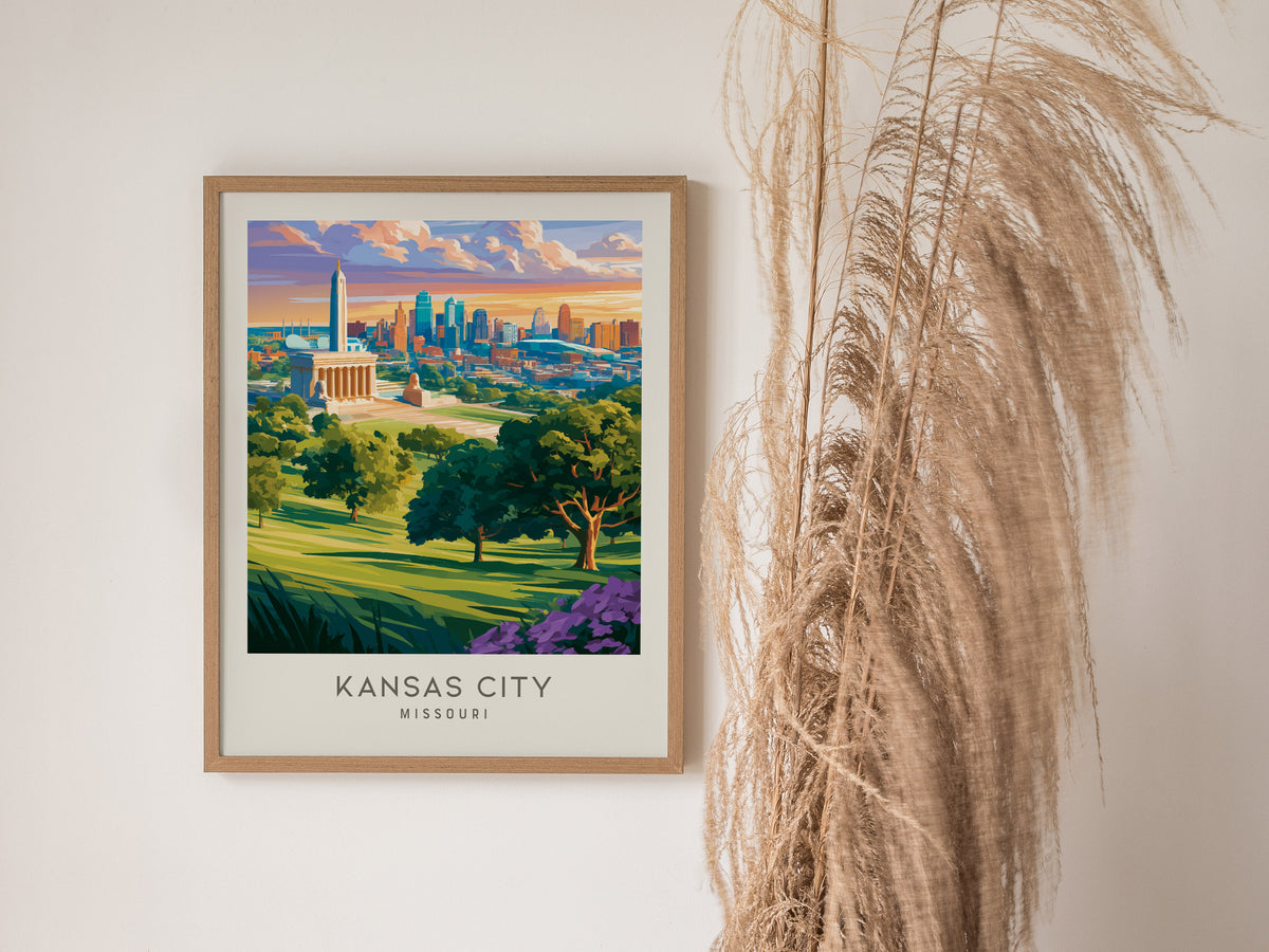 Kansas City Matte Border Poster | Missouri Travel Wall Art — styled in a modern interior