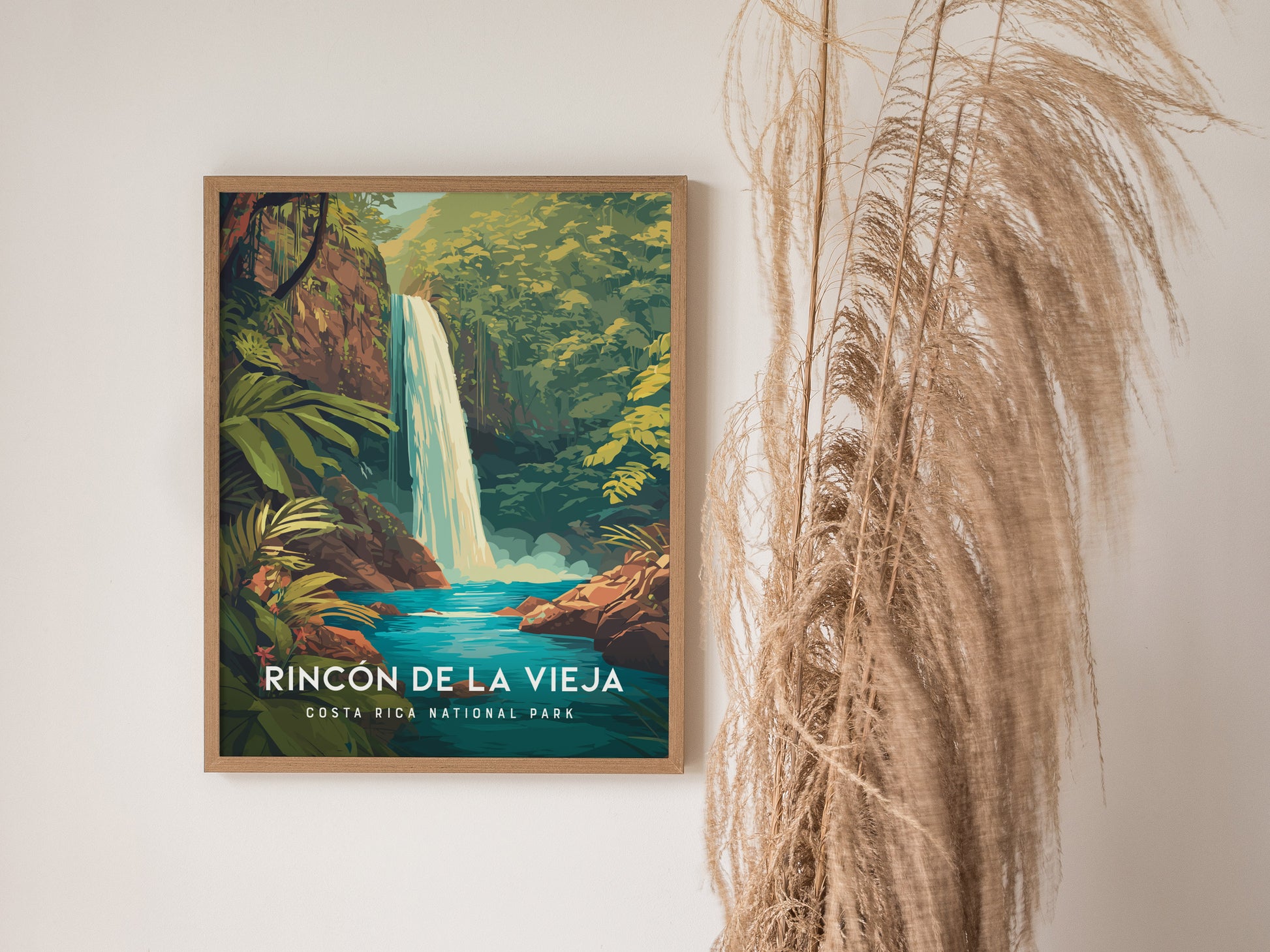 Vibrant Rincón de la Vieja waterfall print showcasing lush jungle foliage and serene blues, perfect for travel art enthusiasts.