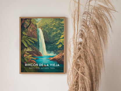 Vibrant Rincón de la Vieja waterfall print showcasing lush jungle foliage and serene blues, perfect for travel art enthusiasts.