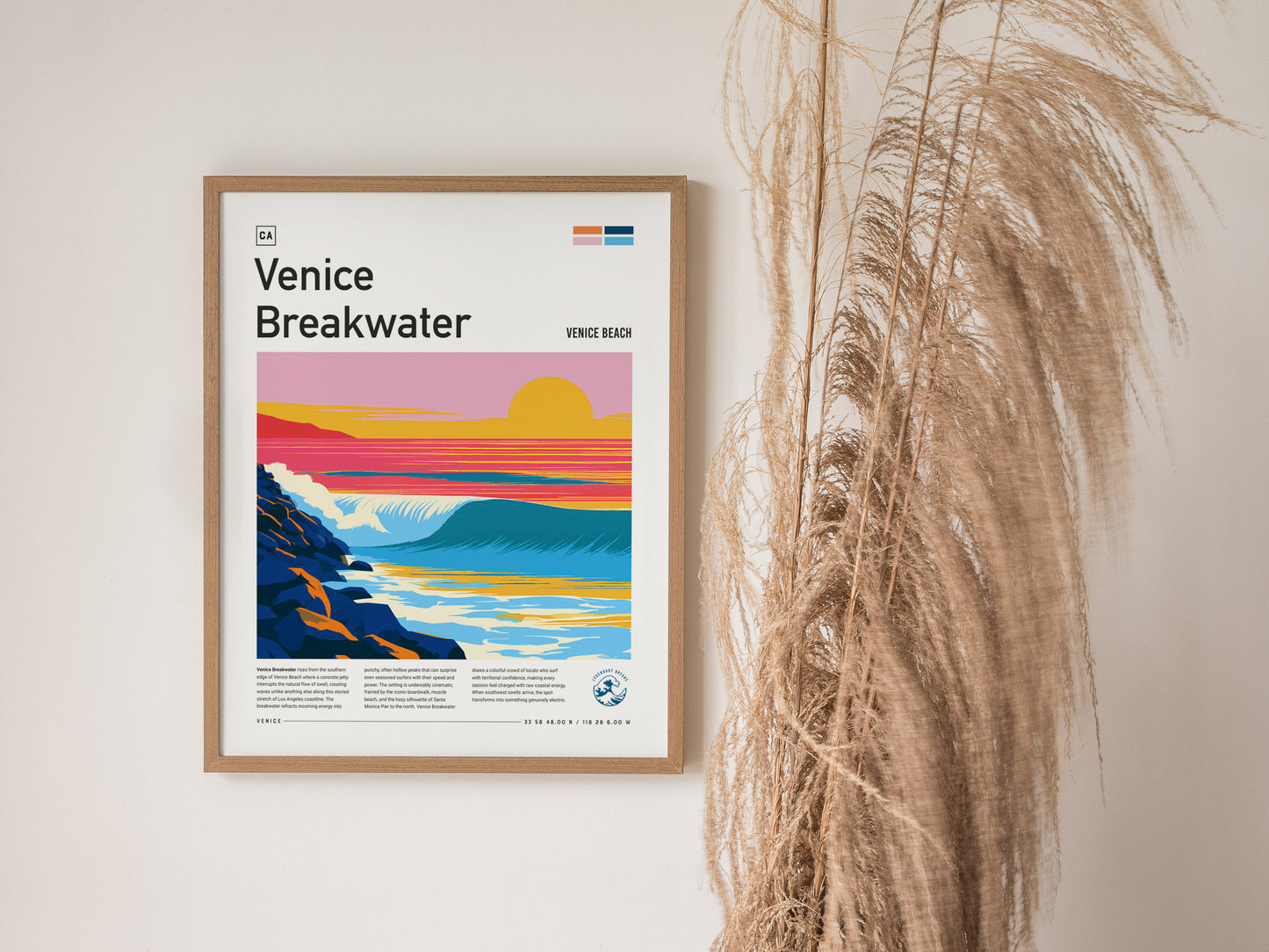 Venice Breakwater, California Poster | Surf & Stone Jetty Coastal Wall Art — styled in a modern interior
