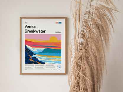 Venice Breakwater, California Poster | Surf & Stone Jetty Coastal Wall Art — styled in a modern interior
