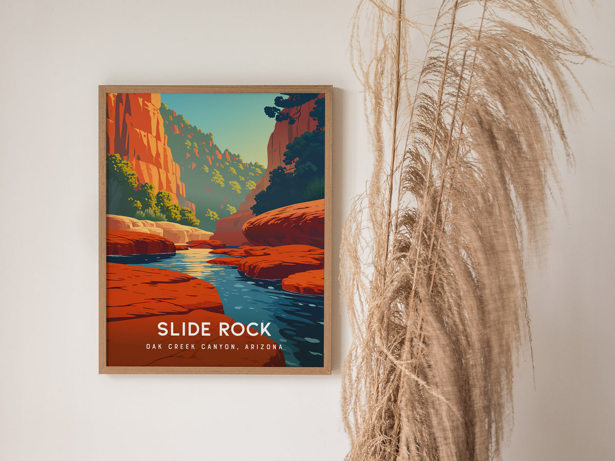 Slide Rock, Oak Creek Canyon, Arizona Poster | Red Rock Swimming Hole Travel Wall Art — styled in a modern interior