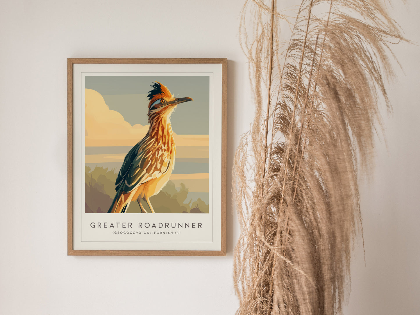 Greater Roadrunner Poster | Desert Bird & Cactus Southwest Wall Art — styled in a modern interior