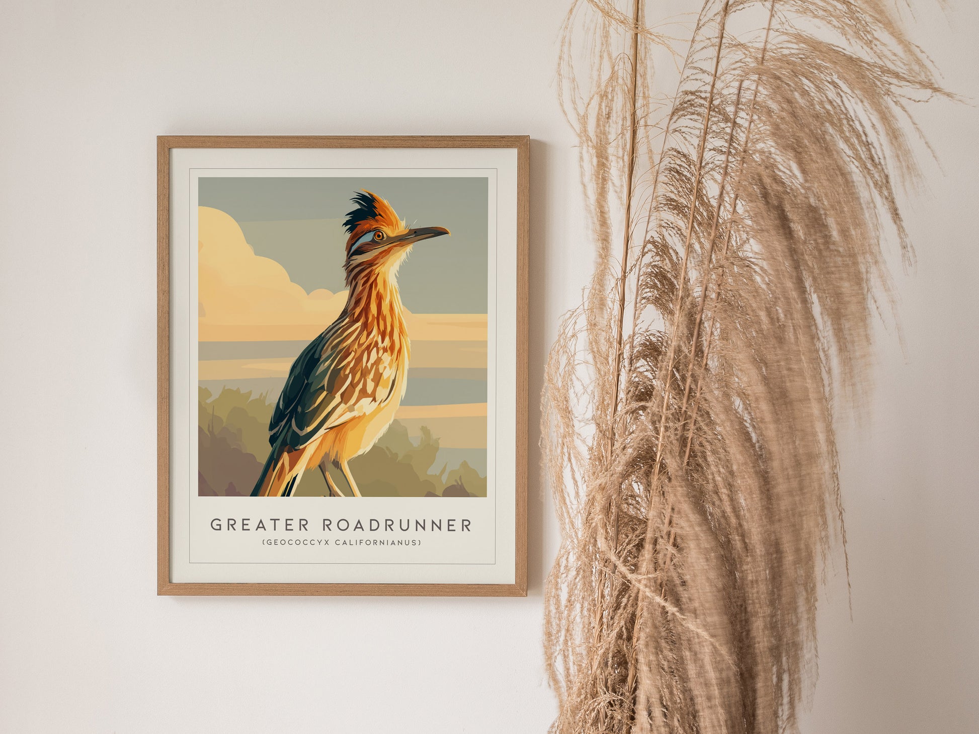 Greater Roadrunner Poster | Desert Bird & Cactus Southwest Wall Art — styled in a modern interior