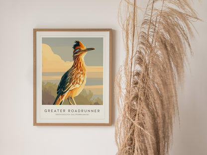 Greater Roadrunner Poster | Desert Bird & Cactus Southwest Wall Art — styled in a modern interior