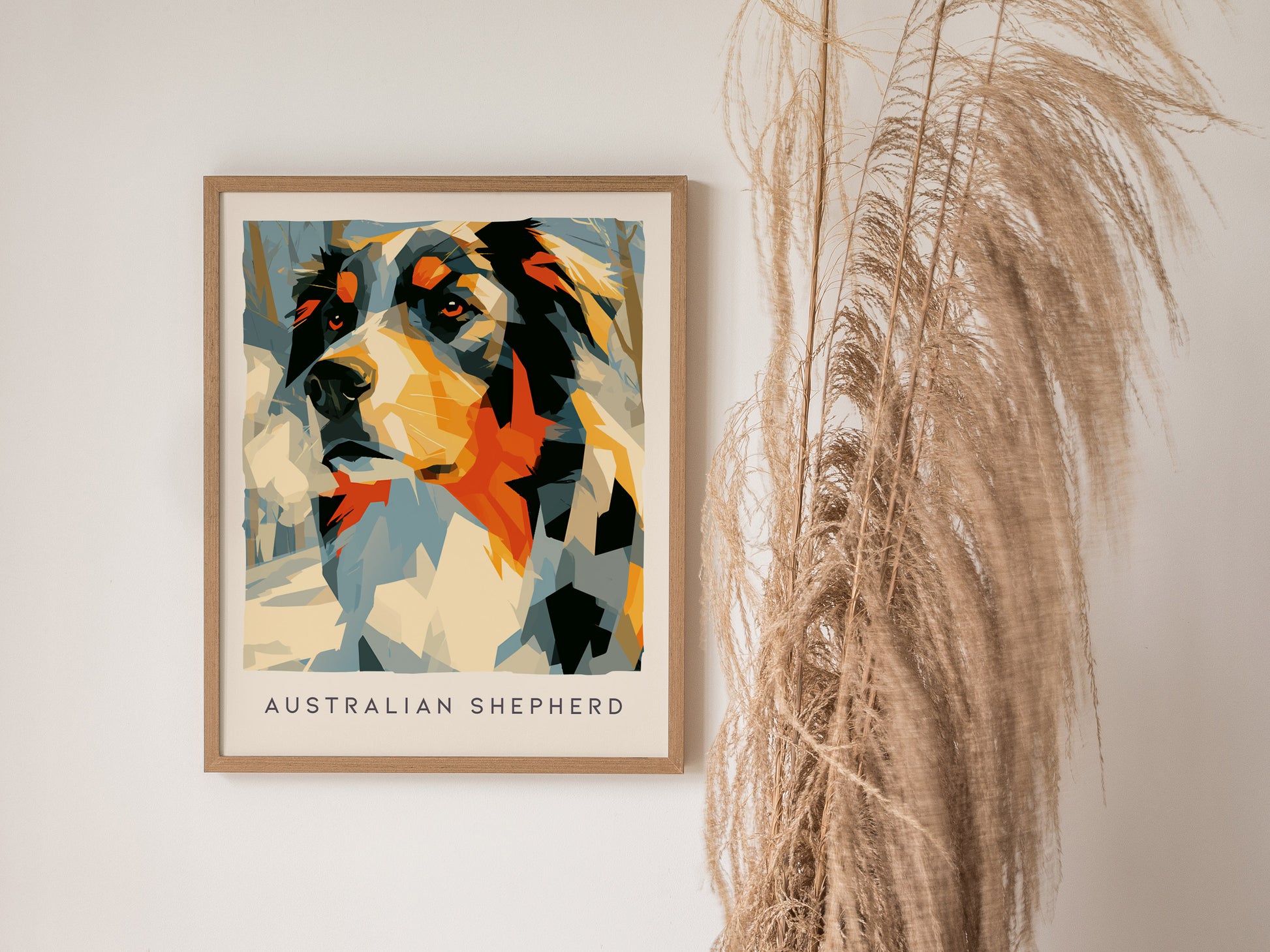Australian Shepherd Poster | Loyal Companion Bold Portrait Wall Art — styled in a modern interior