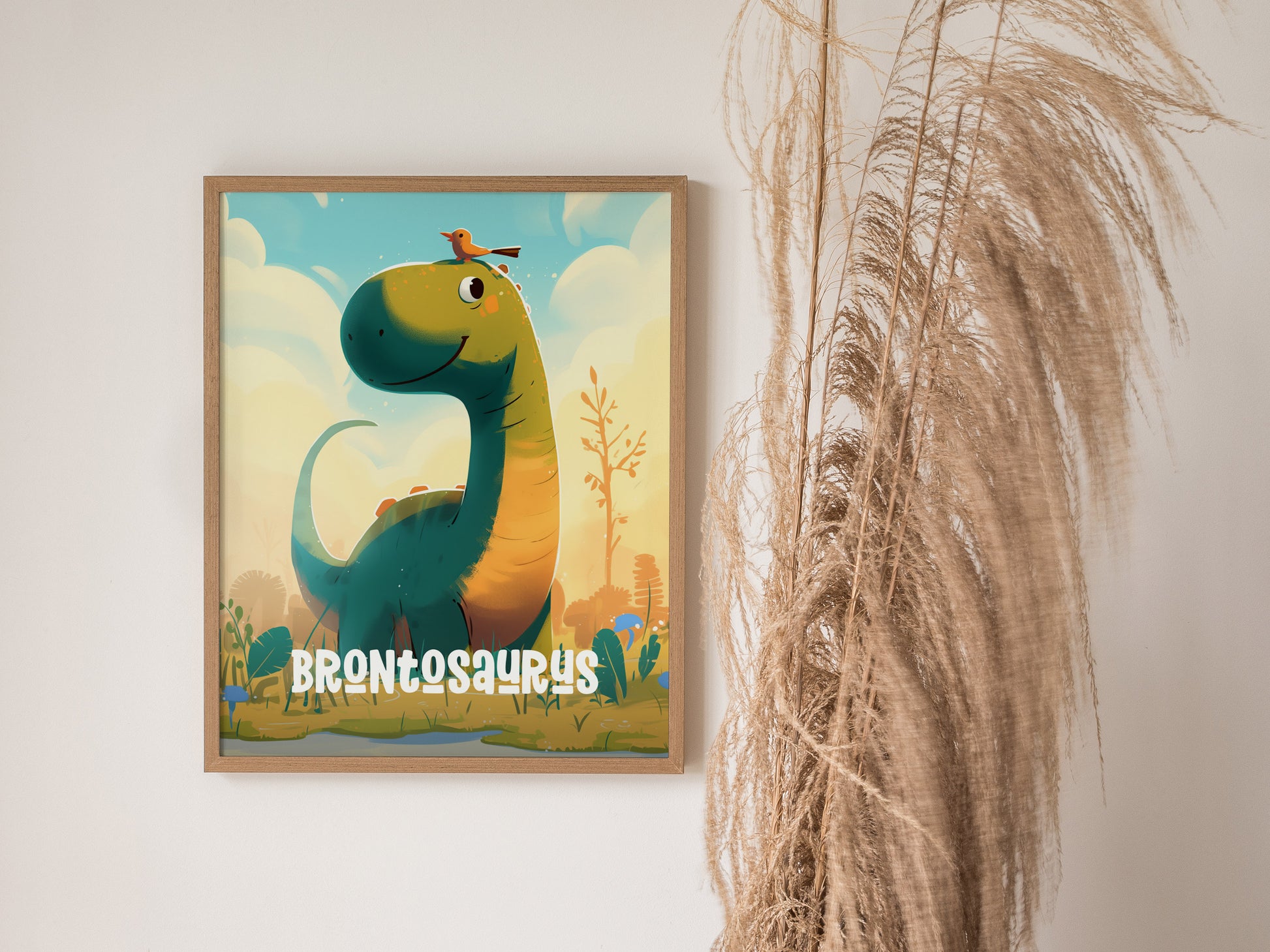 Brontosaurus Cute Dinosaur Poster | Kids Room Nursery Wall Art | Framed or Unframed