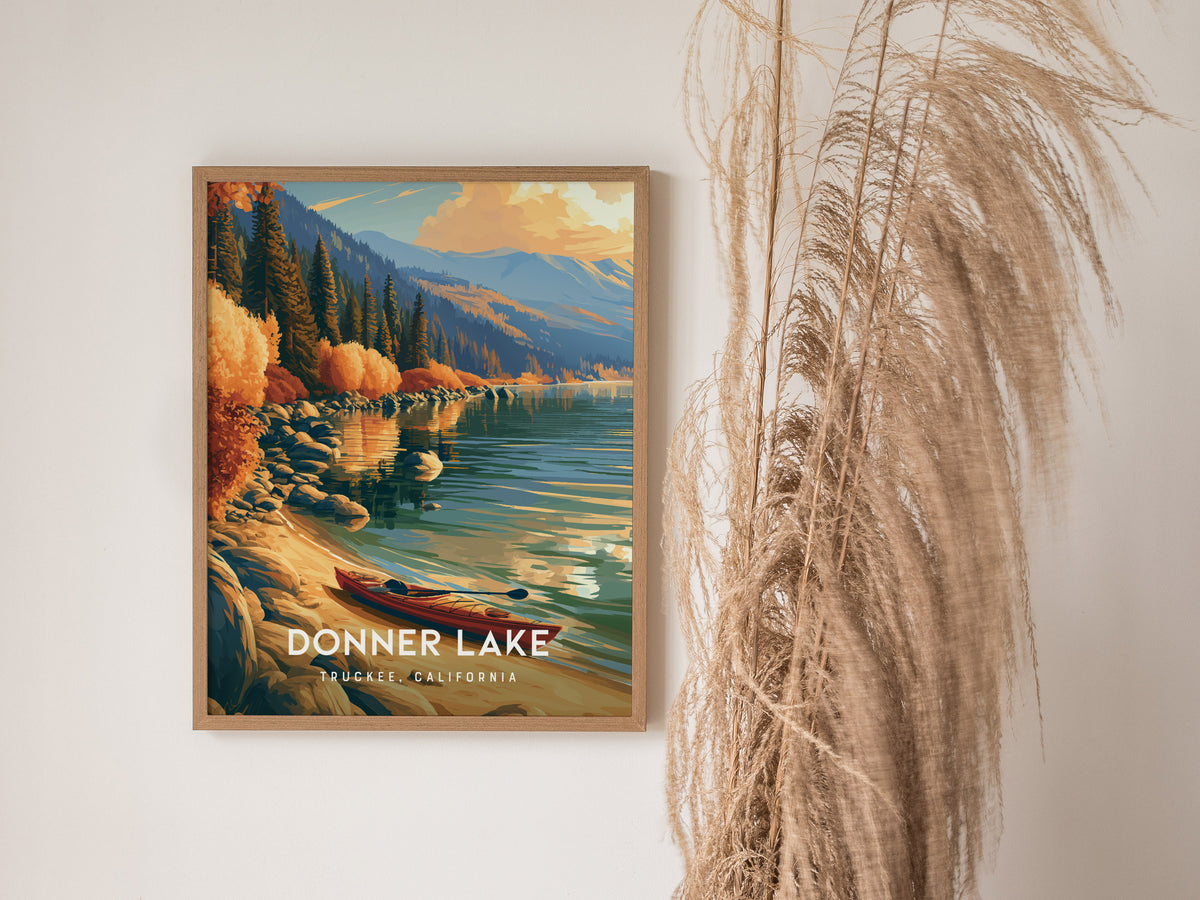 Donner Lake, Truckee, California Poster | Mountain Lake Travel Wall Art — styled in a modern interior