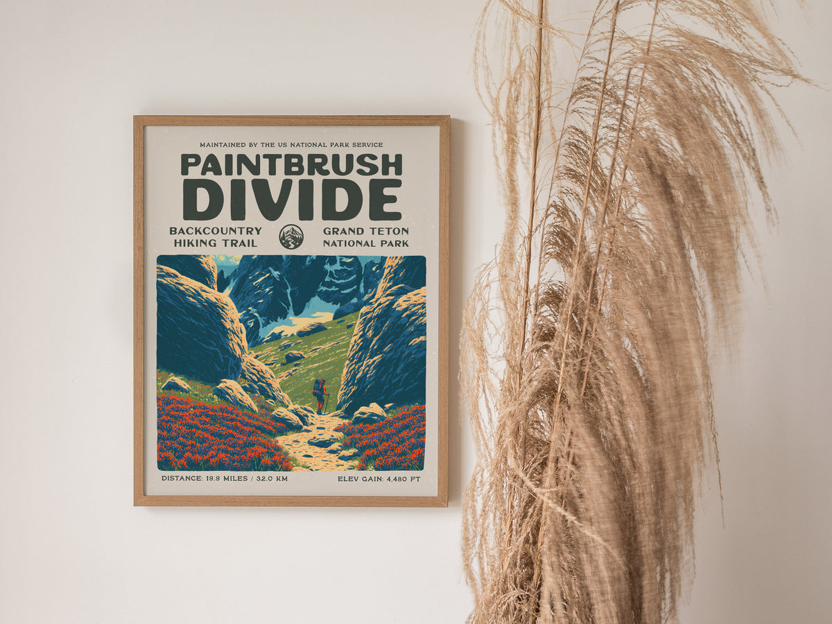 Paintbrush Divide, Grand Teton National Park Poster | Hiker Gift | Backcountry Trail Wall Art — styled in a modern interior