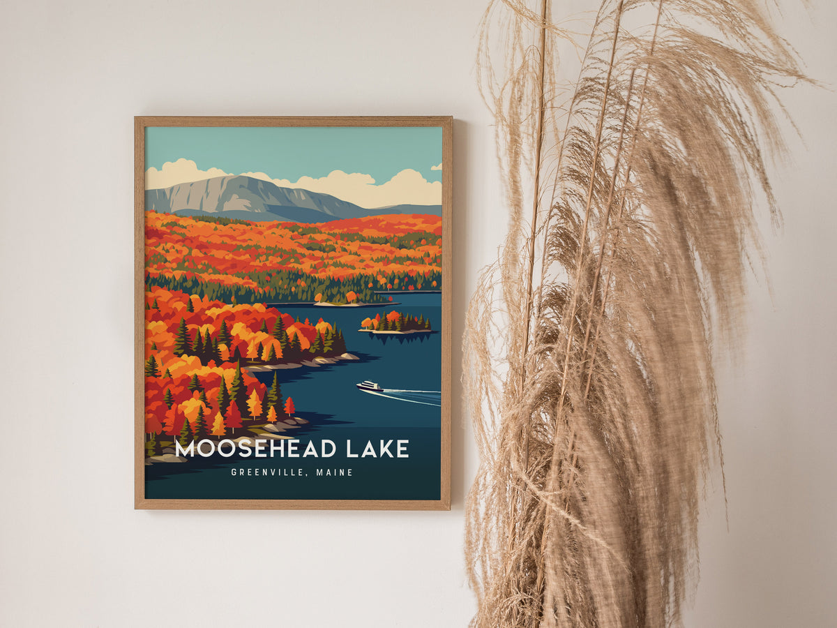 Moosehead Lake, Greenville, Maine Poster | Lakeside Wilderness Retreat Framed or Unframed Wall Art — styled in a modern inter