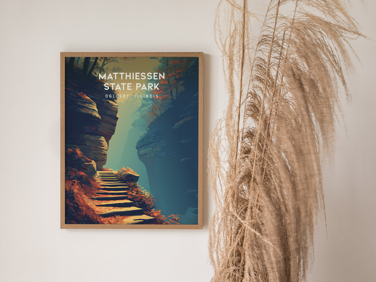 Matthiessen State Park, Oglesby, Illinois Poster | Canyon Waterfalls & Lush Gorge Wall Art — styled in a modern interior