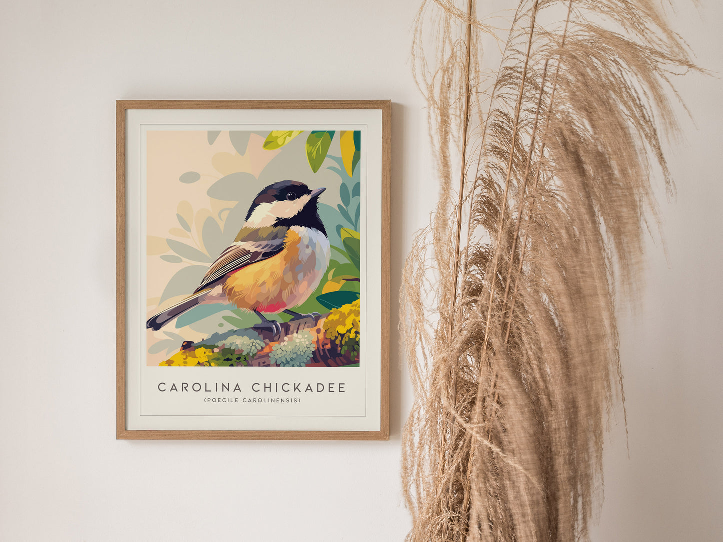 Carolina Chickadee Poster | Charming Songbird in Autumn Branches Wall Art — styled in a modern interior
