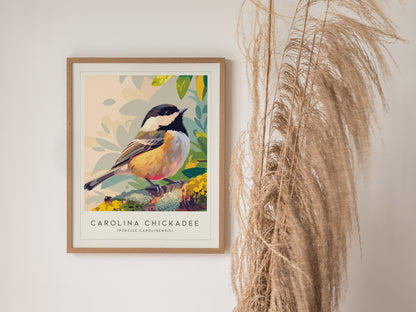 Carolina Chickadee Poster | Charming Songbird in Autumn Branches Wall Art — styled in a modern interior