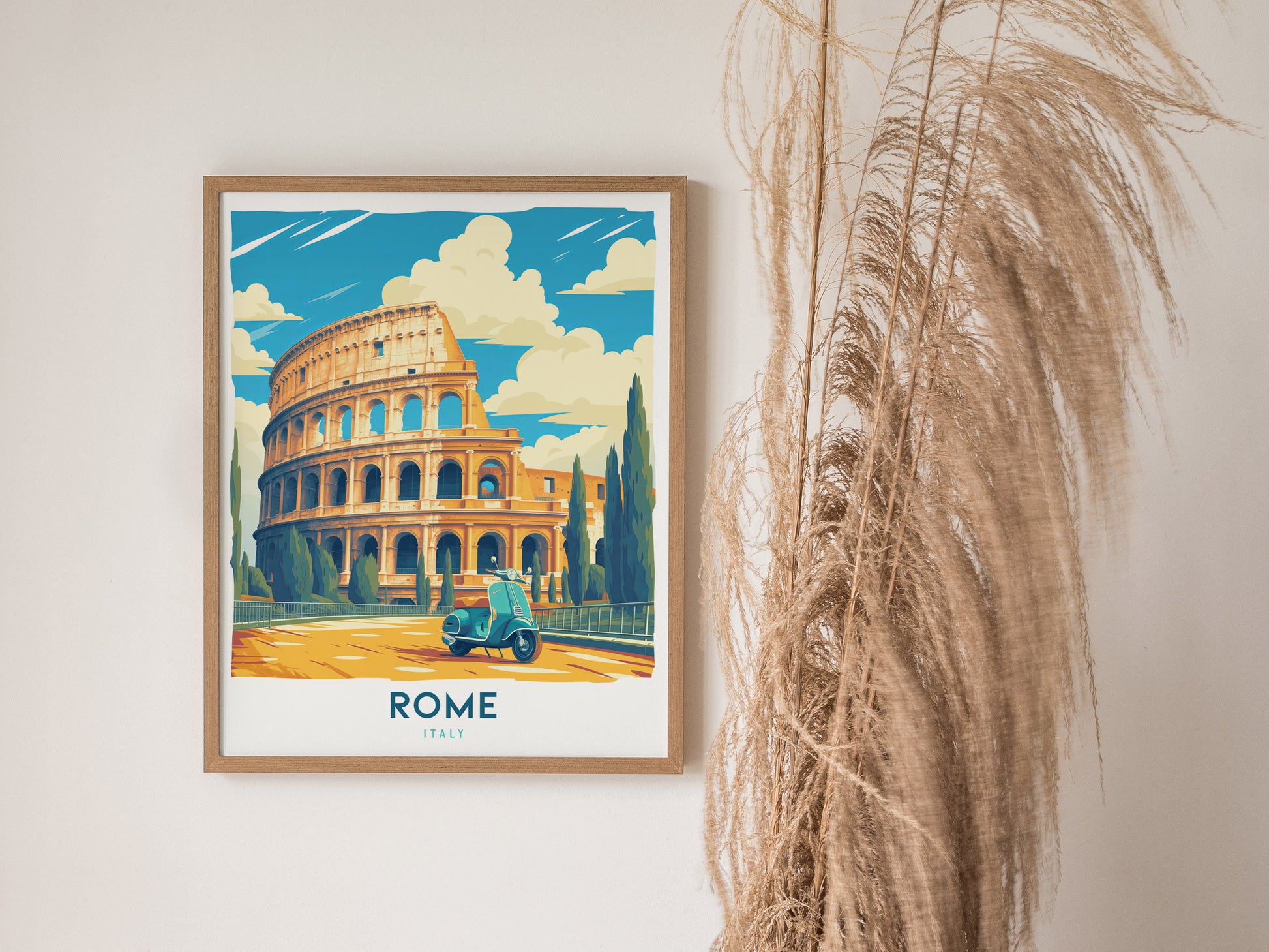 Rome Travel Poster | Vintage Colosseum & Vespa Italy Art Gift