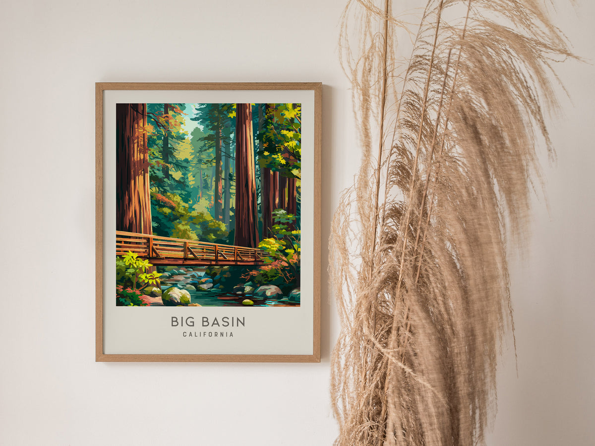 Big Basin Matte Border Poster | California Travel Wall Art Framed or Unframed — styled in a modern interior
