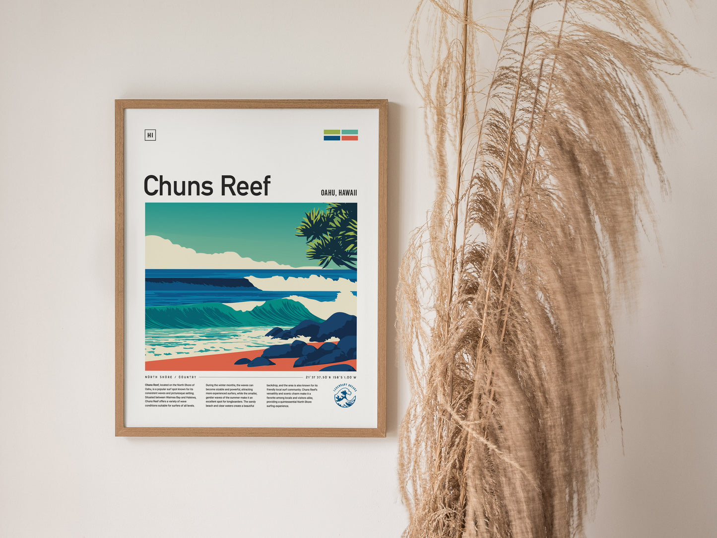 A framed poster of Chuns Reef, showcasing rolling waves and a serene beach scene under a clear sky. The artwork features vibrant colors and includes text detailing the location and surf conditions, with decorative plant elements.