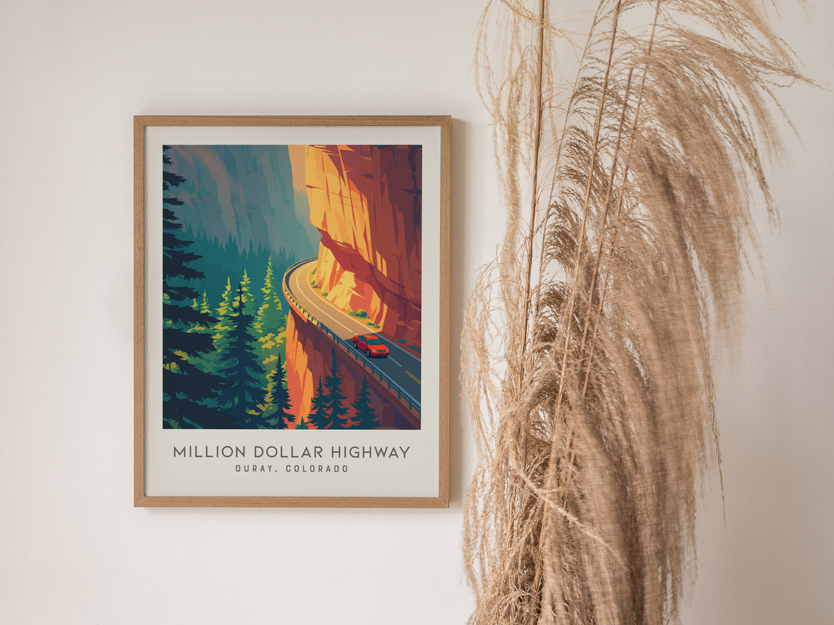Million Dollar Highway Matte Border Poster | Ouray, Colorado Destination Print — styled in a modern interior