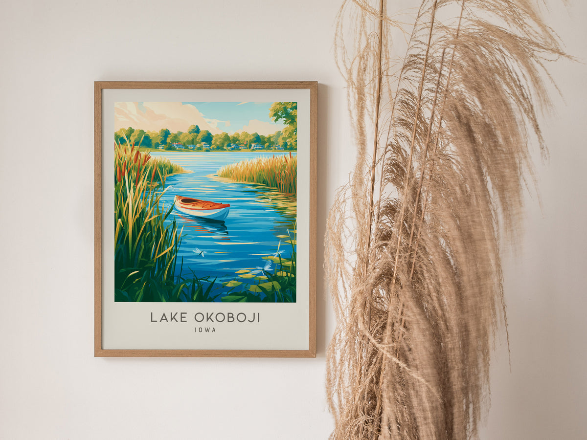 Lake Okoboji Matte Border Poster | Iowa Great Lakes Travel Wall Art — styled in a modern interior