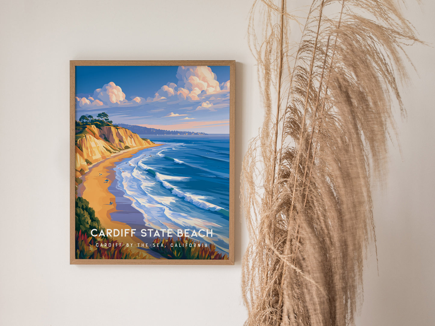 Cardiff State Beach, California Poster | Sun-Kissed Shores & Surf Wall Art — styled in a modern interior