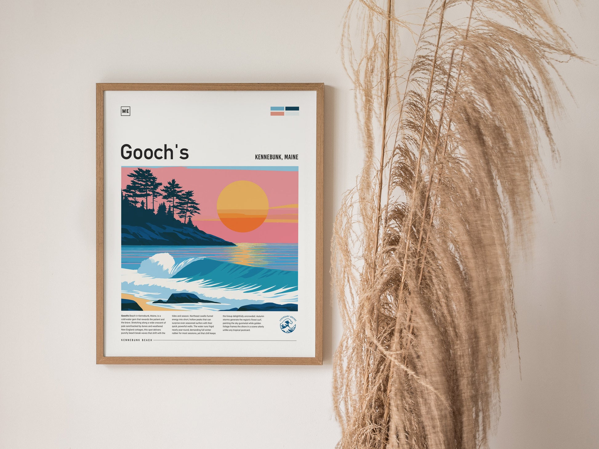 Gooch's Beach, Kennebunk, Maine Poster | Rocky Shore & Rolling Waves Wall Art — styled in a modern interior