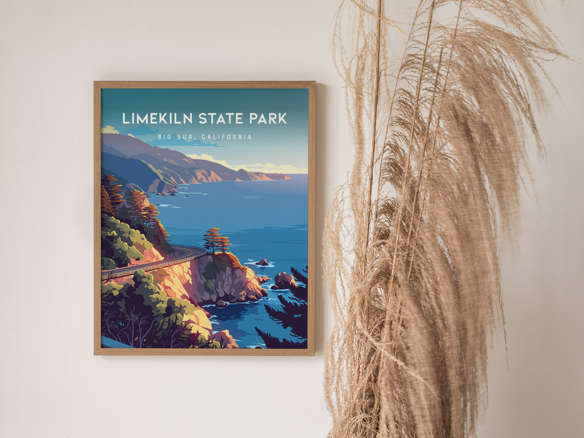 Limekiln State Park, Big Sur, California Poster | Redwoods & Coastal Cliffs Destination Print Wall Art — styled in a modern i
