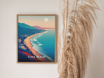 Framed Zuma Beach Malibu poster featuring a minimalist illustration of vibrant ocean waves, a winding shoreline, and hills at sunset.