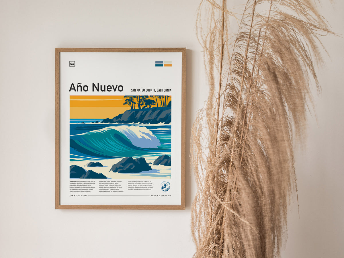 Año Nuevo, San Mateo County, California Poster | Elephant Seals & Rugged Surf Wall Art — styled in a modern interior