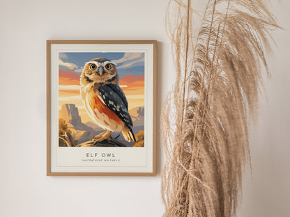 Elf Owl Poster | Desert Night Tiny Owl Wall Art — styled in a modern interior